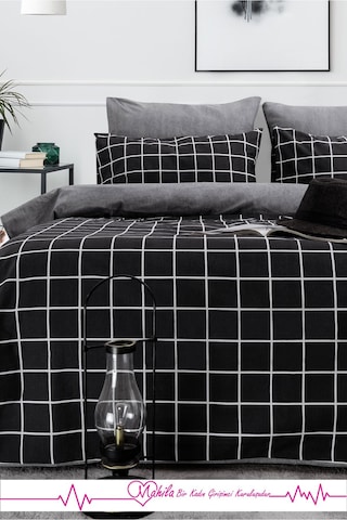 Battal Boy Lüks Pamuklu Nevresim Seti Siyah Kare Desen Çok Renkli