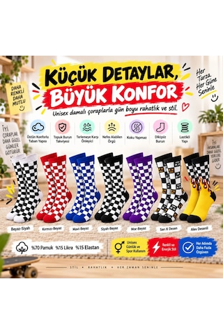 S'82 Unisex Çorap Dama Desenli Renkli 7'li Set Kareli Alev Desen Uzun Soket Günlük Spor Çorabı Çok Renkli