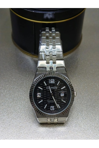Analog Quartz Makina Metal Erkek Kol Saati Siyah Kadran Altın - Gümüş