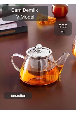Cam Demlik V Model Bitki Çayı Demliği Çelik Süzgeçli Isıya Dayanıklı Borosilikat 500 Ml Şeffaf