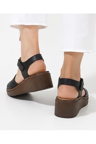N Napa Shoe Np.1266.siyah Deri Napa Shoe Kadın Hakiki Deri Dolgu Topuk Sandalet Siyah