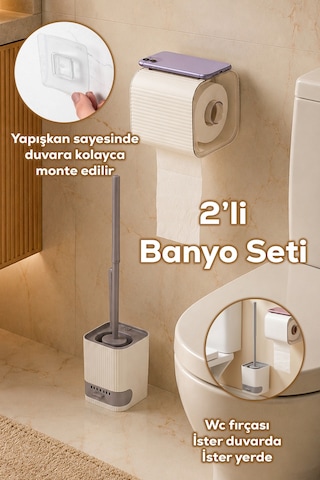 Porsima 2li Banyo Seti Yapışkanlı Banyo Tuvalet Kağıtlığı Tuvalet Fırçası Peçetelik Tuvalet Fırçalığı Beyaz Gri Beyaz - Gri