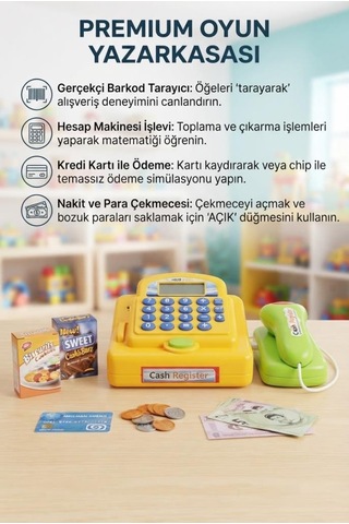 Fonksiyonel Hesap Yapan Sesli Açılır Kasa Kapaklı Haraketli Parçalı Oyuncak Yazar Kasa Seti