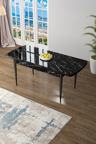 Canisa Concept Zen Serisi 80x132 Mdf Açılabilir Siyah Mermer Desen Masa Takımı Ve 6 Mor Sandalye Masa Siyah Mermer Desenli Sandalyeler Mor