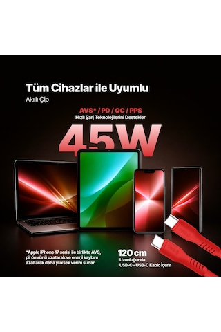 Ttec Smartcharger Gan 45W Avs PD Seyahat Hızlı Şarj Aleti + USB-C - USB-C 3A 120 CM Kablo Neon Kırmızı