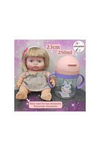 Türkçe Konuşan Şarkı Söyleyen 23cm Et Bebek 250ml Figürlü Pipetli Bebek Matara Biberon 2'li Set Pembe