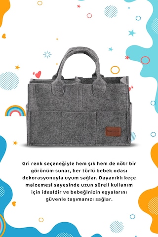 Çok Amaçlı Kalın Keçe Anne Bebek Bakım Çantası Pratik Düzenleyici Organizeri Gri