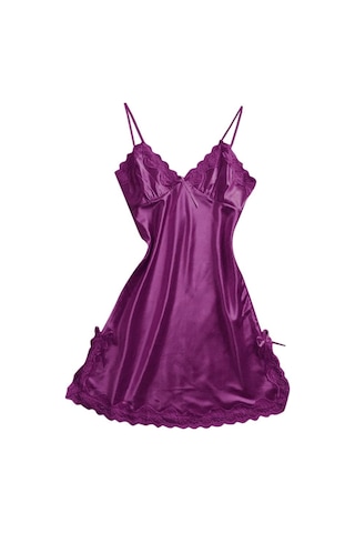 Homyl Bayan Sexy Lingerie Pijama Saten Ilmek Dantel Babydoll Cami Mor