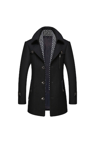 Erkek Yünlü Ceket Sonbahar Ve Kış Erkek Eşarp Yaka Mont Kaban Siyah