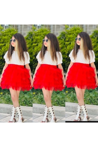 Modavals Kız Çocuk Tütü Etekli Kaşkorse Bluzlu Kombin - Kırmızı