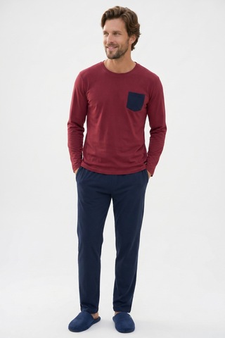 Tudors Erkek Standart Fit Rahat Kesim Uzun Kollu Pamuklu Bordo Lacivert Pijama Takımı-51176