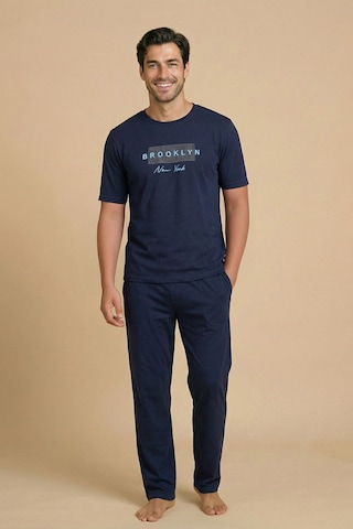 Wordex Mirano 8108 Penye Brooklyn Yazılı Erkek Yazlık Kısa Kollu Cepli Pijama Takımı Lacivert