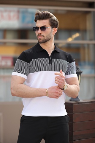 Madmext Beyaz Renk Bloklu Polo Yaka Triko Erkek T-shirt E7409 Beyaz