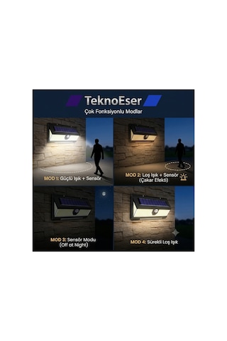 190 Smd Led Solar Bahçe Lambası - 4 Modlu Çakar Efektli Hareket Sensörlü Dış Mekan Aydınlatma