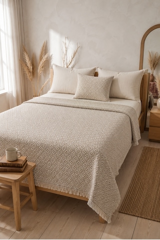 Dokuma Pike Çiftkişilik 200x220 Çok Amaçlı Bohem Yatak Örtüsü Bej