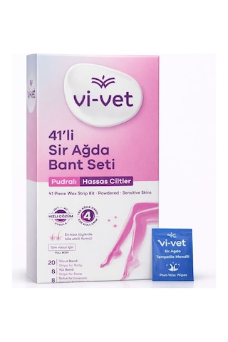 Vi-vet 41 Li Pudralı Sir Ağda Bant Seti Hassas Ciltlere Uygun, En Kısa Tüylerde Etkili Full Body Ağda Bandı + Temizleme Mendili