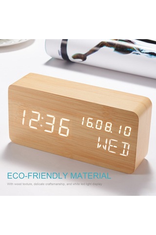 Dofolink Mdf Ahşap Dokulu Led Dijital Alarm Saat, Ses Kontrollü, 3 Aydınlatma Seviyesi, Çift Güç Kaynağı Usb/aaa , Saat-tarih-gün-sıcaklık Gösterimi