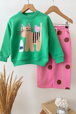 Monila Kız Çocuk Yeşil Kedi Baskılı Pamuklu Sweatshirt Ve Pembe Puantiyeli Eşofman Alt Üst Takım