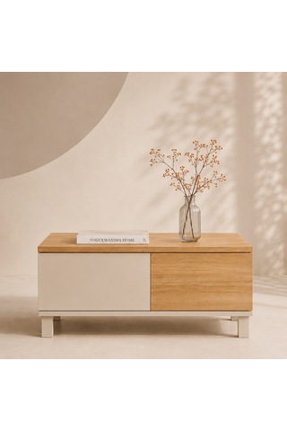 The Voguemaxima Mirelay 2 Çekmeceli Kayın Ahşap Ayaklı Orta Sehpa 90 60 40 Cm Bej
