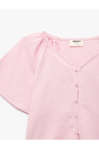 Koton Kısa Kollu V Yaka Keten Ve Viskon Karışımlı Bağlamalı Bluz Pembe 6skg60016aw Gül