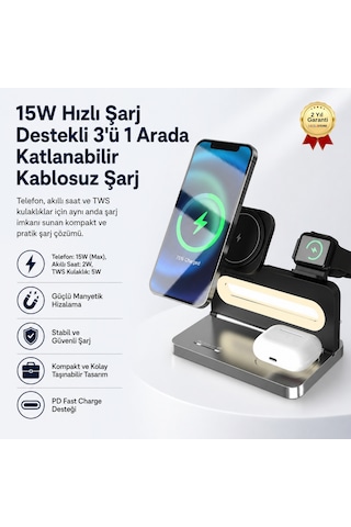 15w Hızlı Sarj Destekli 3'ü 1 Arada Katlanabilir Manyetik Kablosuz Şarj Cihazı Telefon Akıllı Saat Ve Tws Kulaklık Şarj Standı-1700