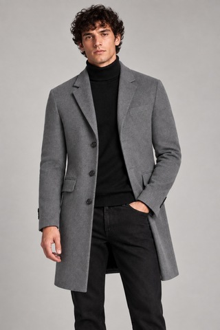 Maison Rae Erkek Antrasit, Slim Fit Kaşe Kaban Klasik Yaka 3 Düğmeli Uzun Kesim Kışlık Palto