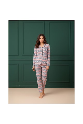 Rindahomewear Geyık Desenli Pamuklu Dügmelı Pijama Takım Lacivert