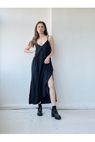 Retrobird Tasarım June Askılı Yırtmaçlı Elbise Siyah-13913 Siyah