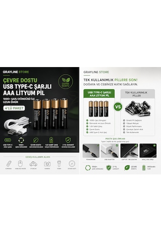 Usb Type-c Şarjlı Aaa İnce Kalem Pil 4 Lü Paket 1.5v Lityum