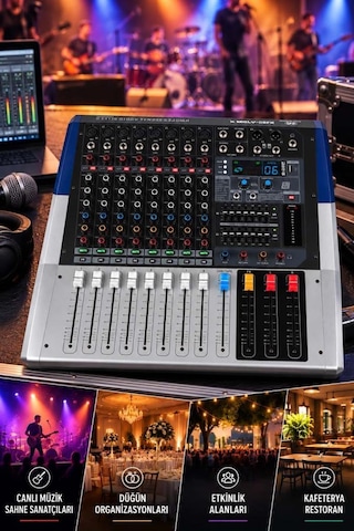 Maxword Welly-08fx Power Mixer 2x800w 8 Kanal 2x7 Bant Ekolayzır 99 Dsp Efekt