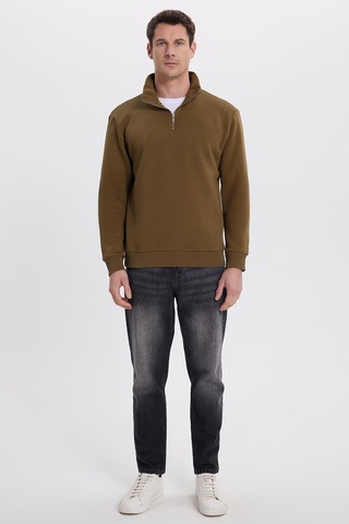 Tudors Unisex Relax Fit Rahat Kesim Pamuklu İçi Polarlı Yarım Fermuarlı Yeşil Dik Yaka Sweatshirt-35164 Yeşil
