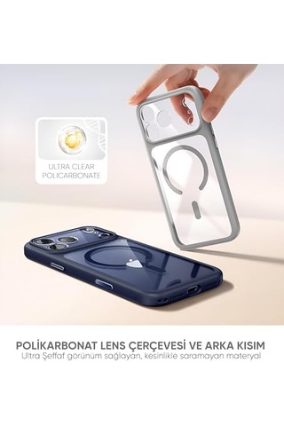 İphone 17 Pro Max İçin Özel Geliştirilmiş Kamera Çerçevesini De Koruyan, Arkası Şeffaf Polikarbonat Kenarları Silikon Magsafe İle Uyumlu Kılıf Akıllı Tasarım Kapak Mavi, 17 Pro Max