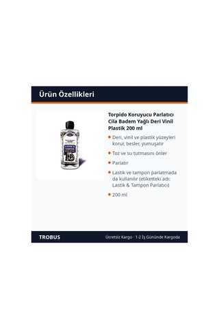 Trobus Torpido Koruyucu Parlatıcı Cila Badem Yağlı Deri Vinil Plastik 200 Ml