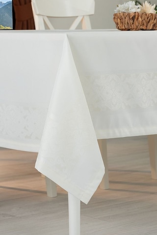 Jumbo Jakar Pano Desen Leke Tutmaz Jakarlı 150x250 Cm Lüks 8 Kişilik Masa Örtüsü Krem Beyaz