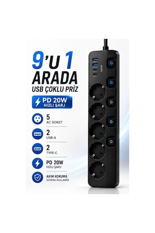 5'li Akım Korumalı Usb Çoklu Priz 2 Usb-a 2 Type-c Pd 20w Hızlı Şarj Anahtarlı Grup Priz 3680w 2 Metre 0 - 2 M