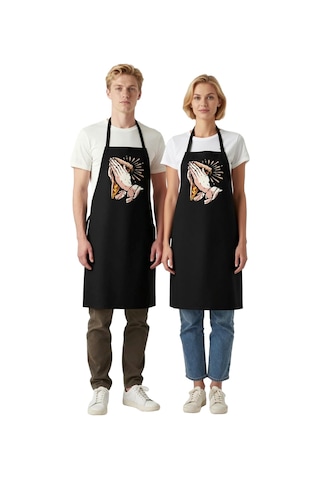 Kadın Unisex Mutfak Aşçı Önlüğü Dua Eden Eller Pizza Baskılı Sana Siyah