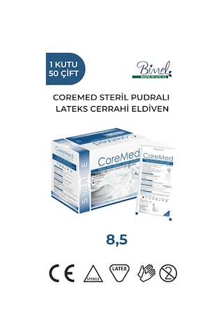 Coremed Steril Cerrahi Lateks Pudralı Eldiven 8,5 Beden 50 Çift