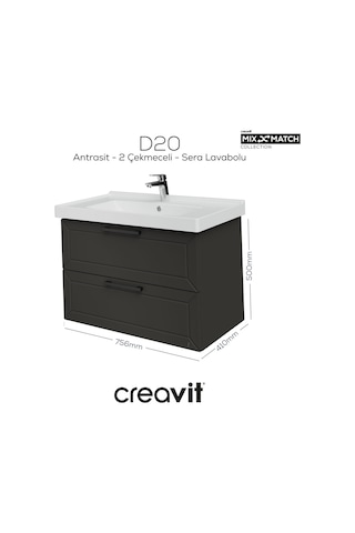 Creavit D20 80 Cm İki Çekmeceli Lav. Dolabı Antrasit Lake Antrasit