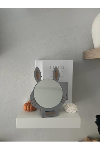Masaüstü Gri Renk Hediyelik Dekoratif Makyaj Aynasi,Tavşan Kulakl Beyaz