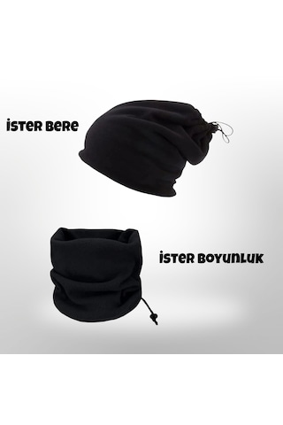 Qulothes Termal Polar Soğuk Geçirmez Bere & Boyunluk Unisex Pamuklu Kışlık Ayarlanabilir İpli Bere Siyah
