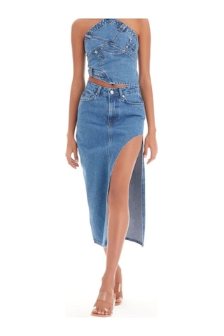 Pass&Pass 2094 Kadın Likrasız Yandan Yırtmaçlı Jeans Kot Denim Etek Mavi