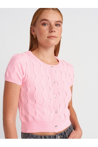 Dilvin 60980 Bisiklet Yaka Dokulu Düğmeli Triko Hırka-pembe Pembe