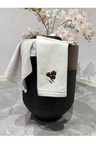 2 Li Mutfak Havlusu Seti - Açık Gri & Sushi Figürlü Kurulama Bezi - %100 Pamuk & 40x60 Cm Açık Gri