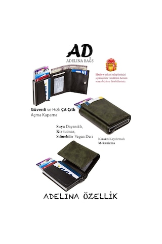 Adelina Bags Adelina Unisex Haki Alüminyum Mekanizmalı Kızaklı Kartlık Cüzdan Haki
