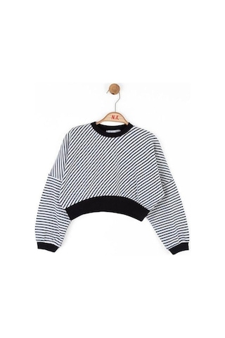 Kız Çocuk Pamuklu Çizgili Crop Sweatshirt-14715 Siyahbeyaz