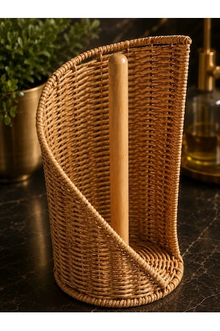 Qerhome Dekoratif Rattan Kağıt Havluluk Standı Bambu Direkli Mutfak Kağıt Havlu Tutacağı Kahverengi