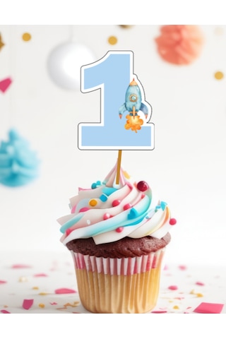 15 Adet Uzay Konsept One 1 Yaş Cupcake Kürdanı 6-7cm