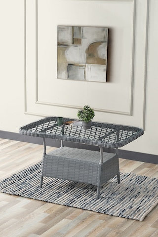 Edra Rattan Puflu Bahçe Balkon Takımı 3+1+1+camlı Masa Gri Gri