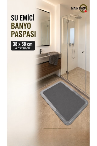 Mainshop 2'li Set Banyo Paspas Takımı - 33x66 Cm Vantuzlu Kaydırmaz Duş Matı & 38x58 Cm Sihirli Su Emici Mat Gri