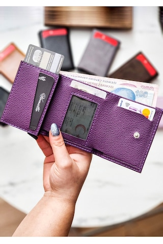 Brahma Model Unisex Vegan Deri Mekanizmalı Vegan Deri Rfıd Cüzdan Kartlık Portföy Mor